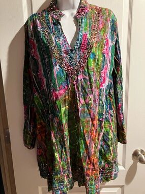 Soft Surroundings Multicolor V-Neck Tunic with Embellished Trim